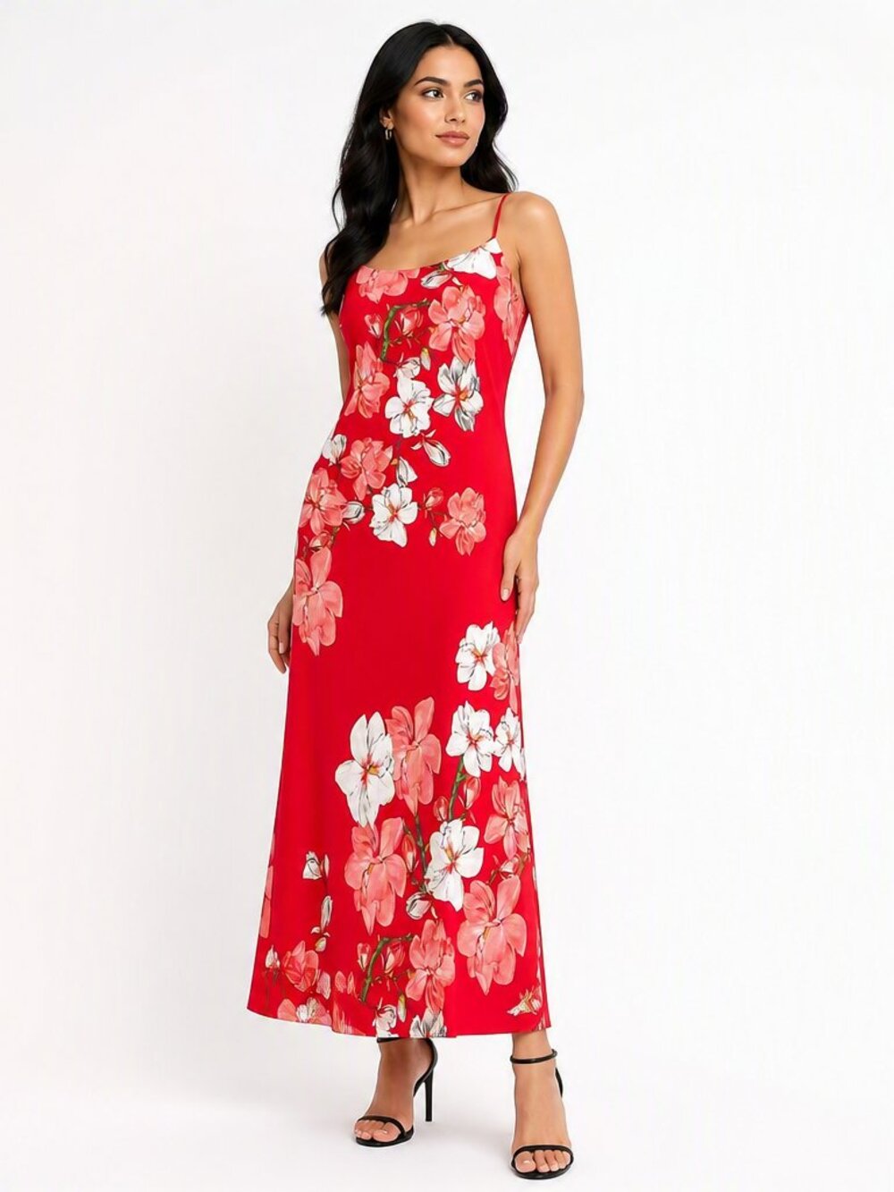 Natori Private Luxuries Red Floral Lotus Cherry Blossom Slip Nightgown